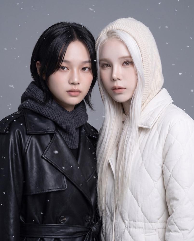 雪の降るスタジオの2人